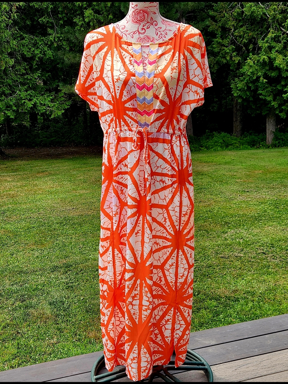 Ador Orange and Cream Tie-Waist Maxi Dress with Chevron Bib L